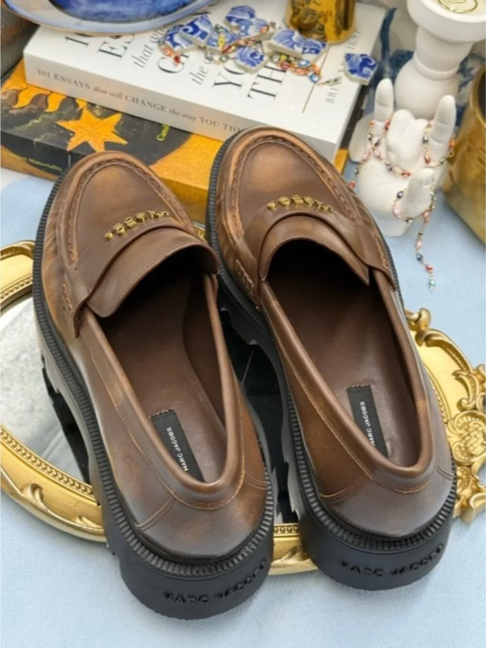 🆕 MARC JACOBS 🧿 NWOB The Distressed Leather Frankie Loafer, Brown - Sz 39 / 9 - Picture 9 of 14